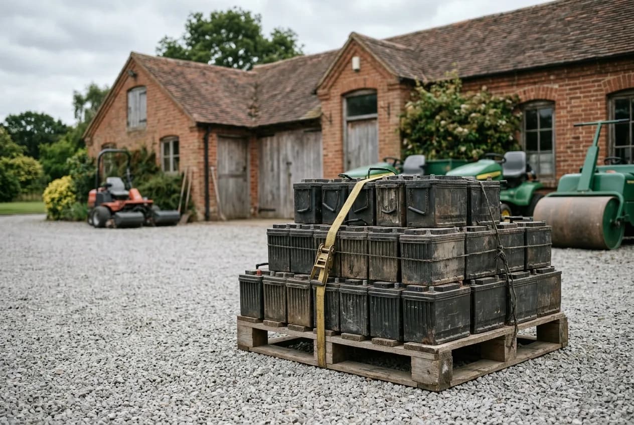 Old lead-acid buggy batteries stacked neatly on a pallet in a British club maintenance yard awaiting collection