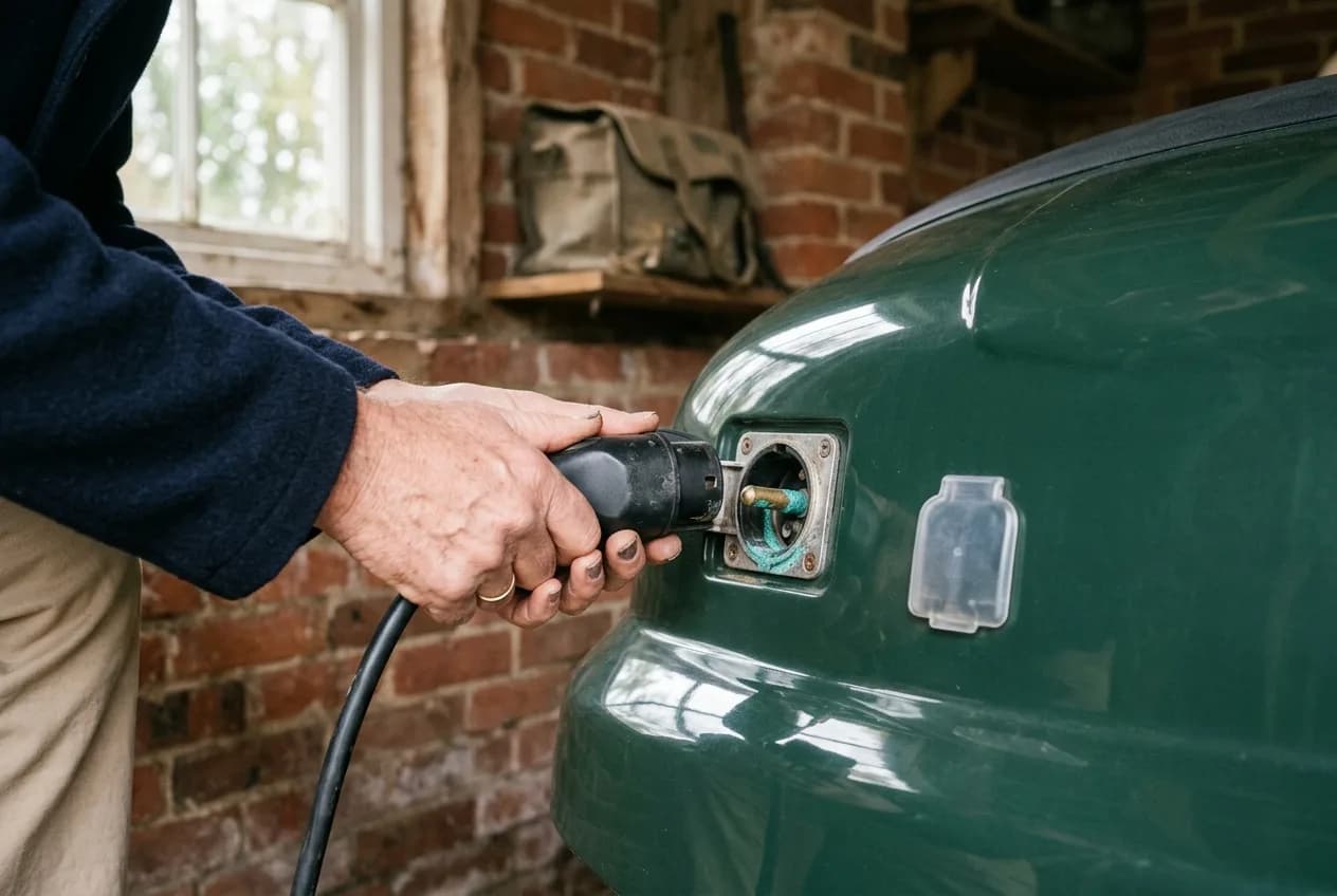 Close-up of a golf cart charging inlet being inspected for corrosion inside a brick outbuilding in the UK