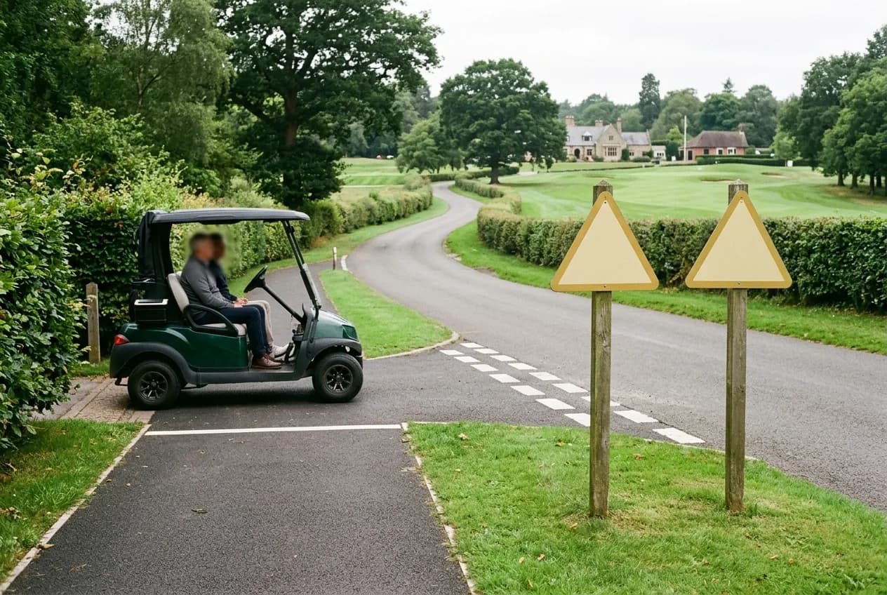 A marshalled cart crossing point on a quiet country lane between two halves of a British golf course, warning signage on the verge