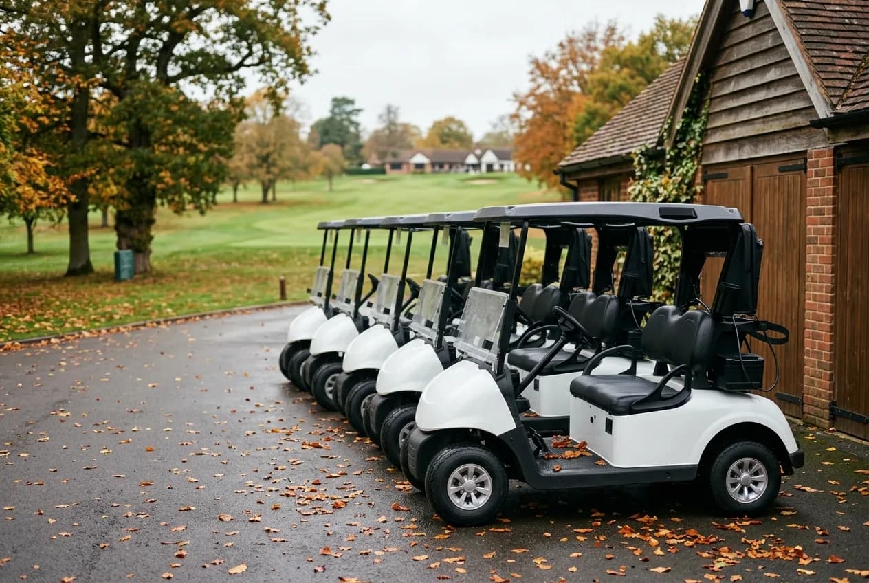 Row of used electric golf buggies lined up for sale outside a British golf club in autumn