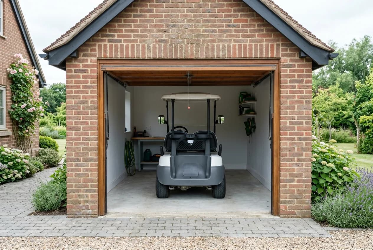 Electric golf cart parked inside a single brick garage at a British country home, with visible clearance either side