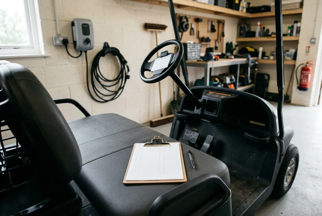 Clipboard with a vehicle check sheet resting on the seat of an electric cart inside a tidy British maintenance shed