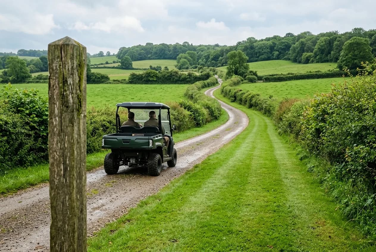 An electric utility cart on a private estate track beside a wooden public footpath signpost, green fields and hedgerows beyond
