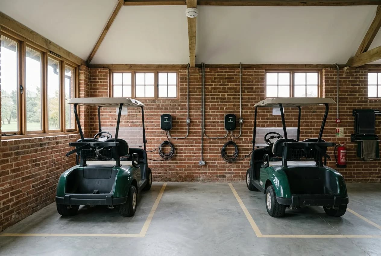 Electric golf carts charging in a tidy, well-ventilated brick outbuilding at a UK golf club, with clear space around each charging point