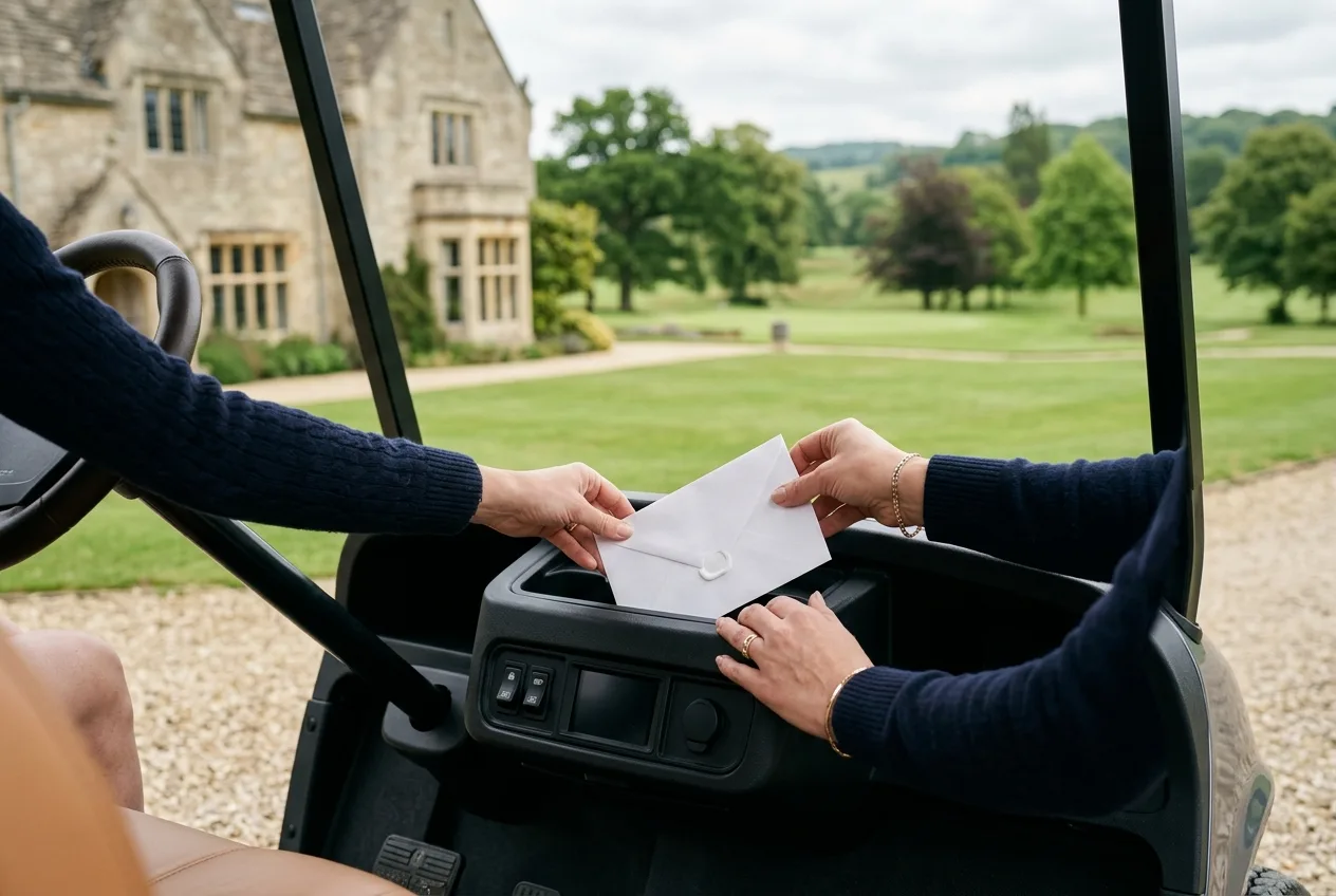 Golfer placing a folded medical letter into a golf cart's dashboard tray outside a UK clubhouse