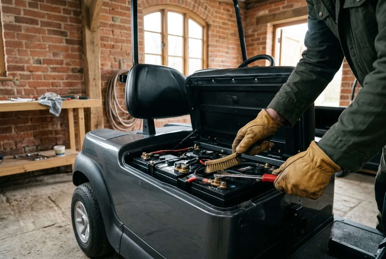 Owner checking the battery terminals of an electric golf buggy in a brick barn on a bright British spring morning