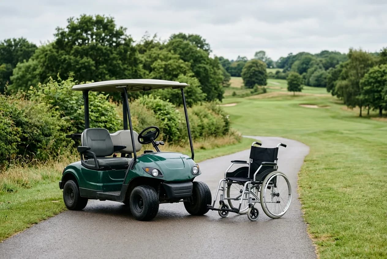 An adapted electric golf buggy with a swivel seat parked beside a wheelchair on the path of a British parkland golf course