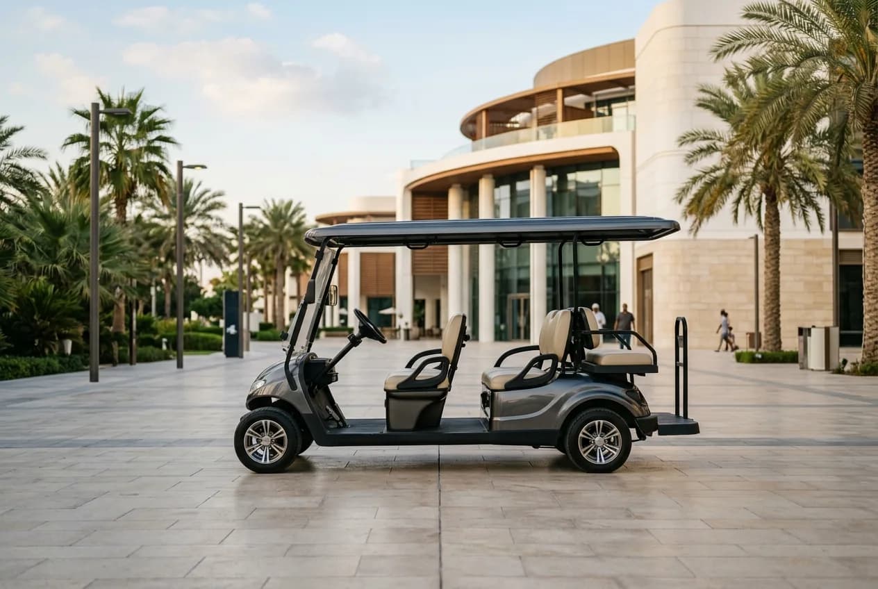 A clean electric golf cart parked on a landscaped path beside modern UAE architecture and palms