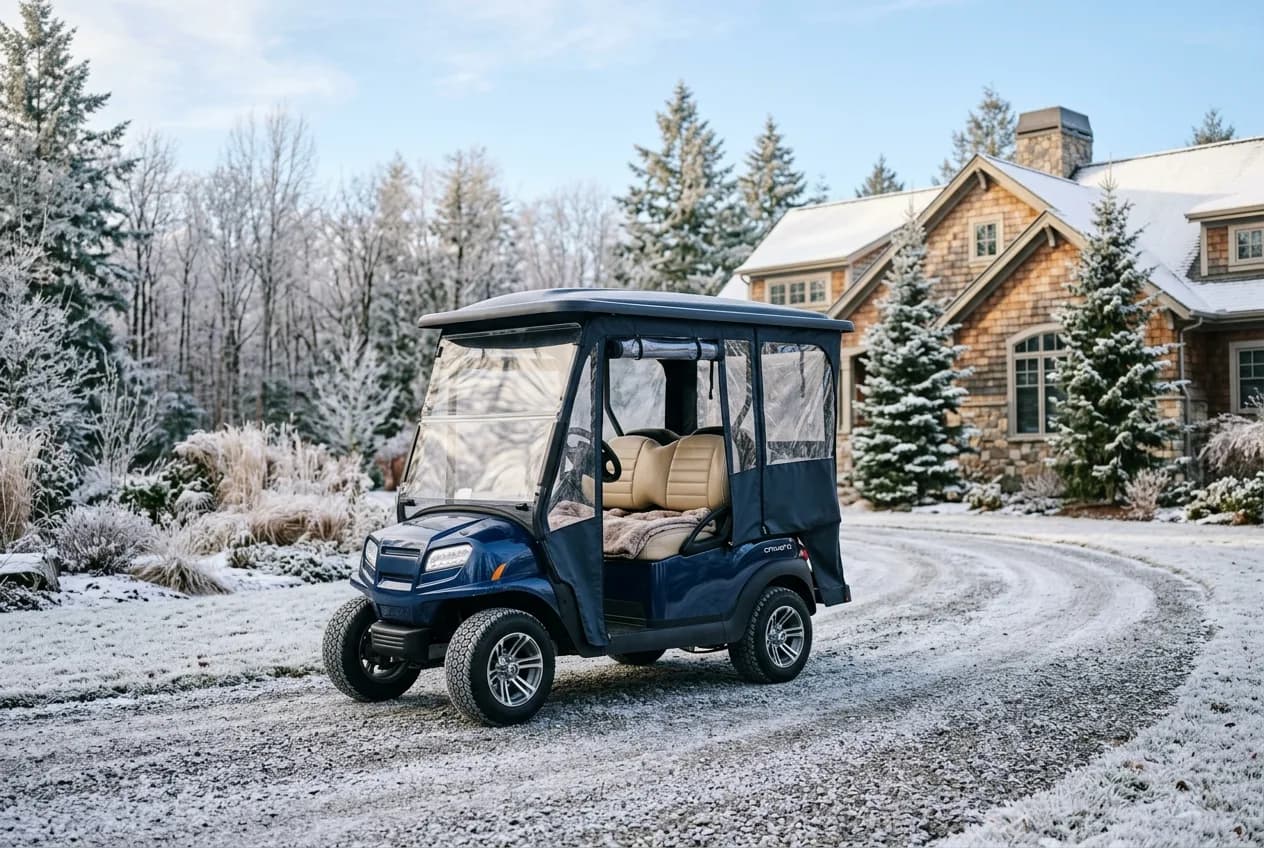 A golf cart with an enclosure and warm seating parked on a frosty driveway in crisp winter light