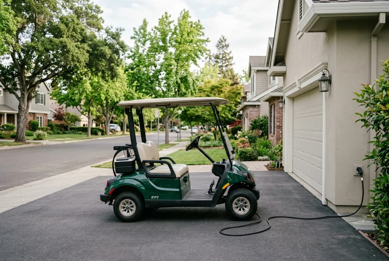 A street-legal golf cart parked in a driveway of a tidy suburban neighborhood, charging cable to a home outlet, soft daylight