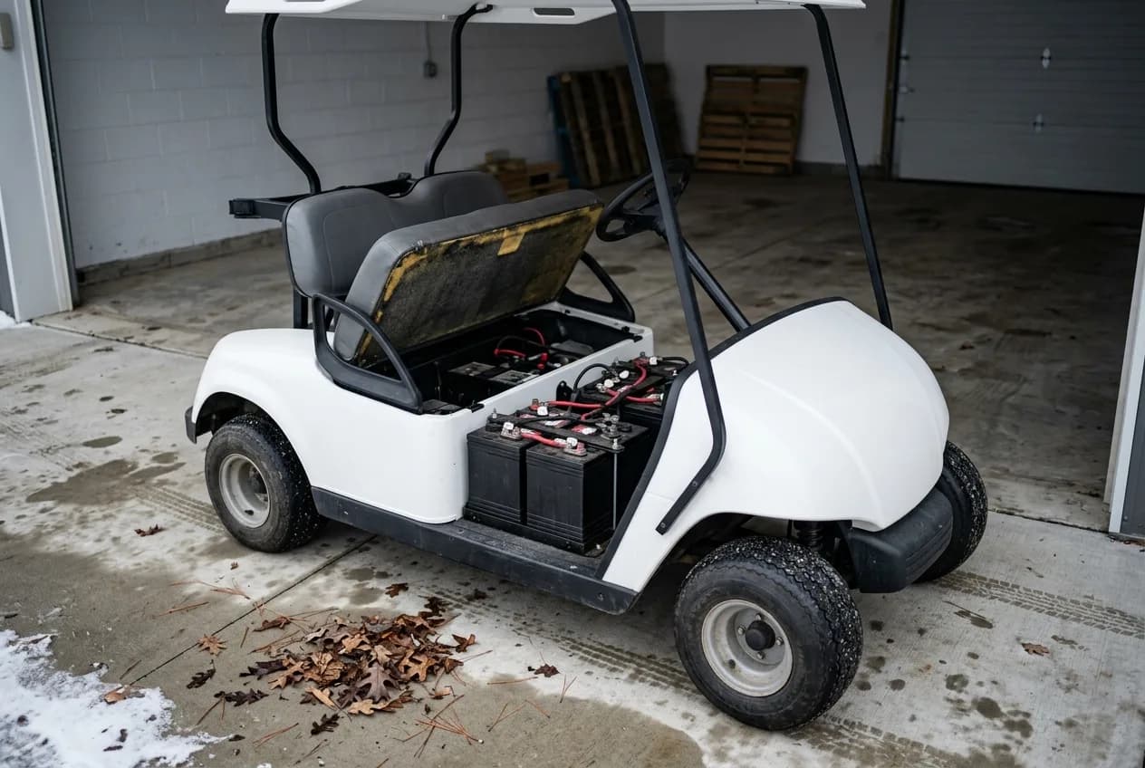 An electric golf cart parked inside a wooden shed with light snow visible through the doorway