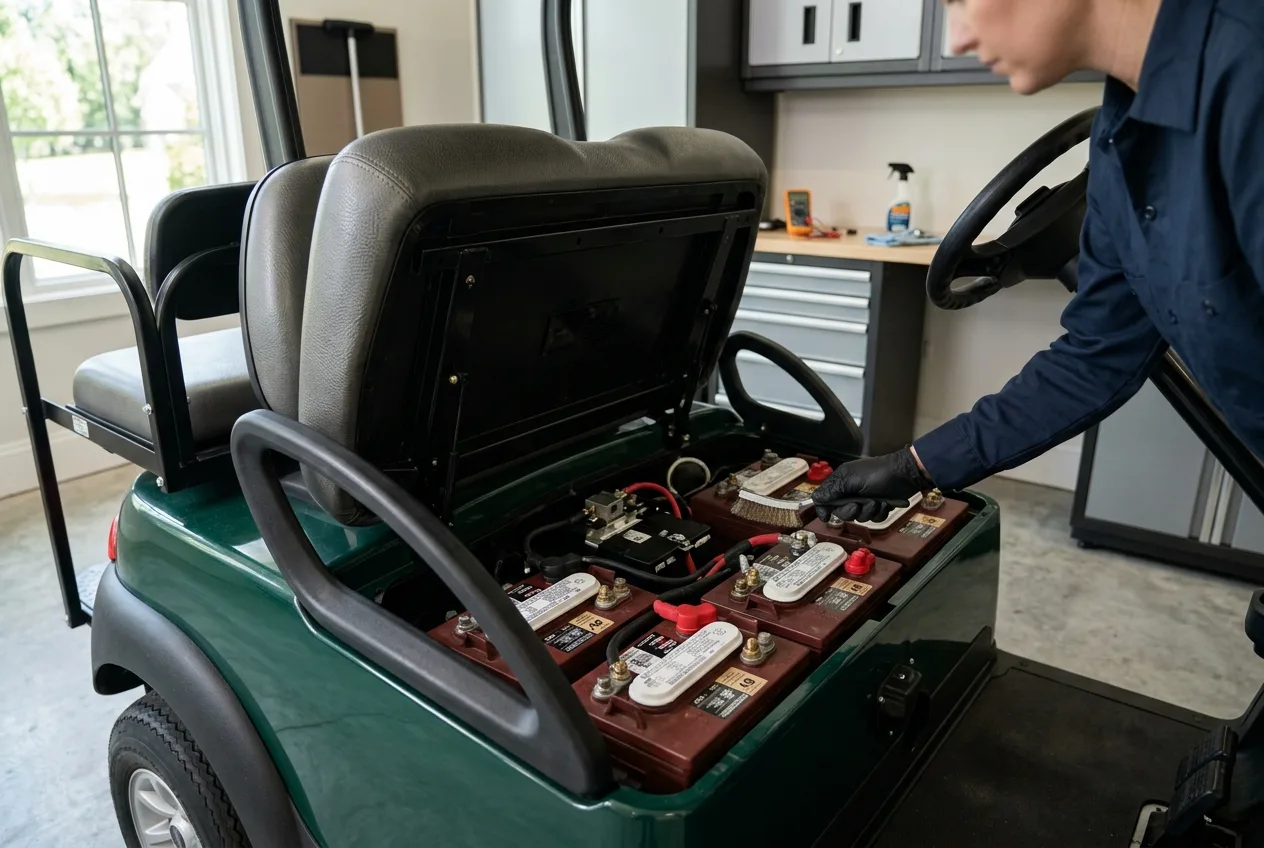 Clean golf cart battery terminals being inspected in a tidy garage with the seat lifted