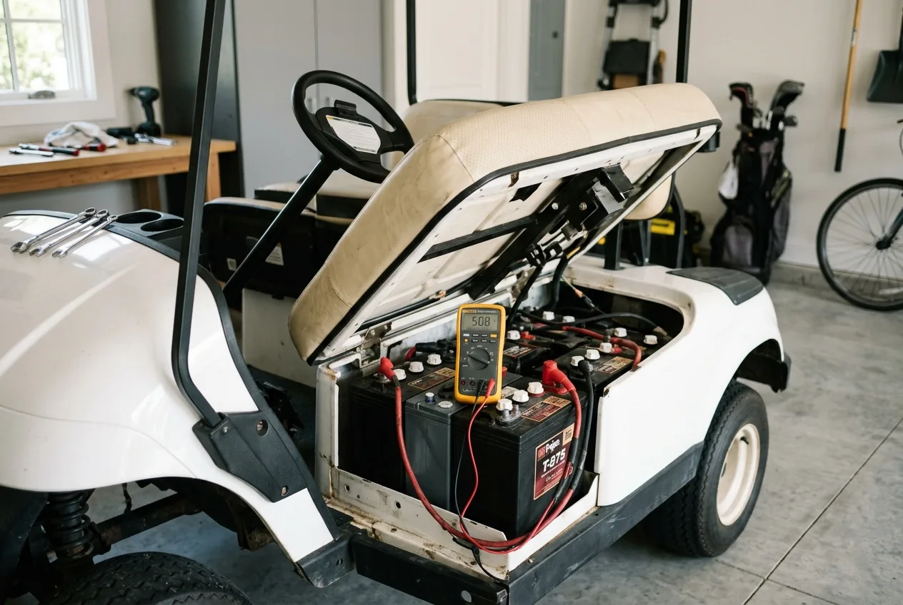 A multimeter resting on a golf cart battery being tested with the seat lifted in a clean garage