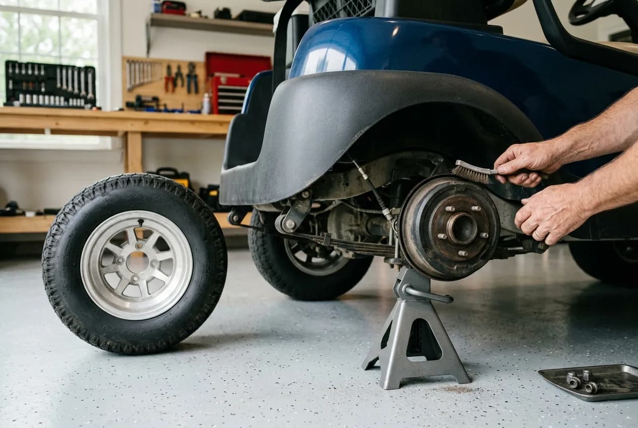 A golf cart rear wheel removed on a workshop stand showing the drum brake assembly during inspection in a clean garage
