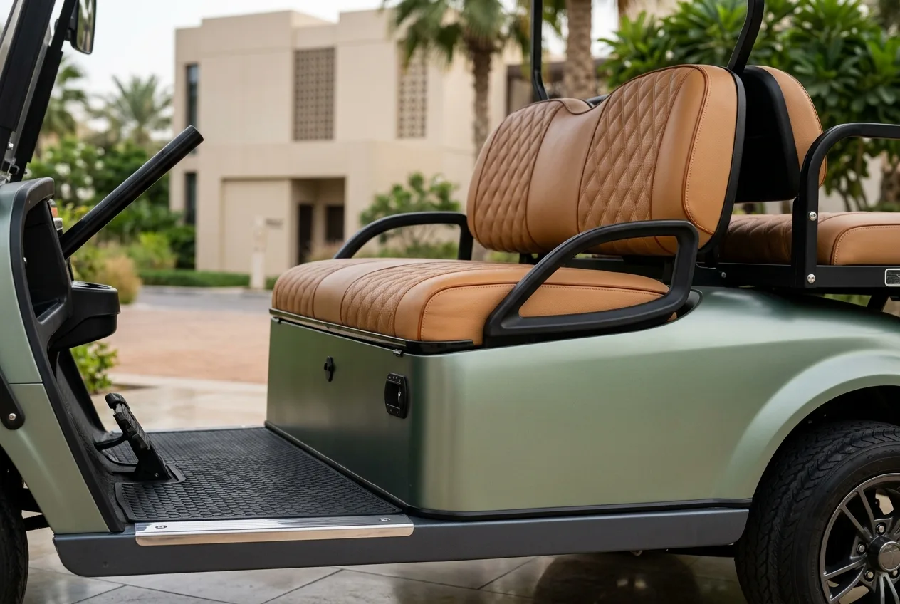 A premium branded electric golf buggy with a clean colour livery parked outside a contemporary UAE resort building