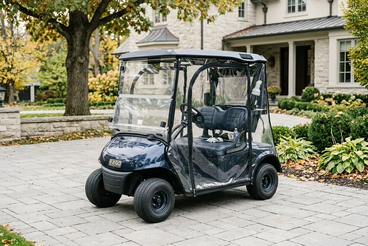 A golf cart fitted with a clear enclosure parked on a residential driveway on a crisp morning