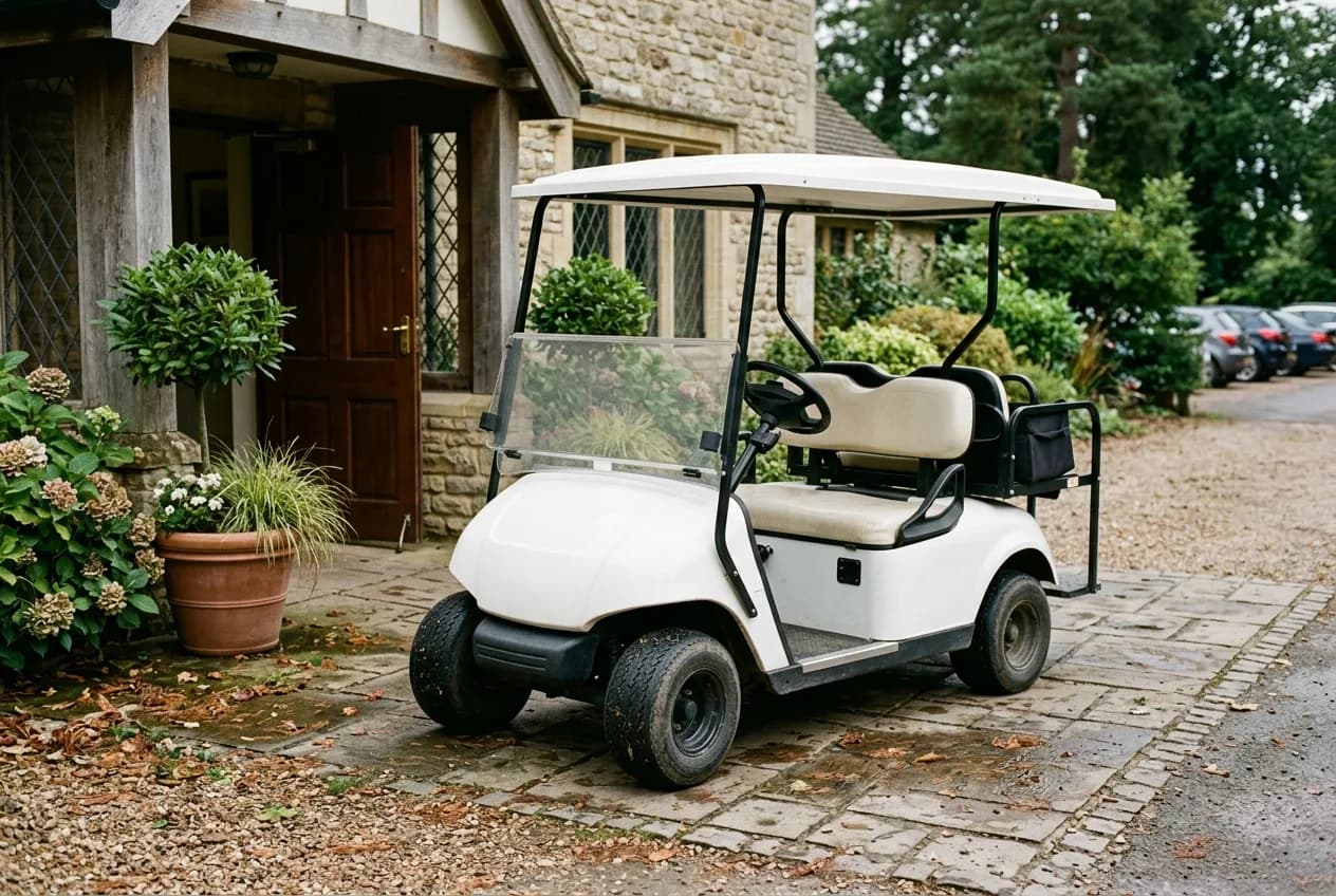 A couple reviewing paperwork at a kitchen table with a golf cart visible outside the window
