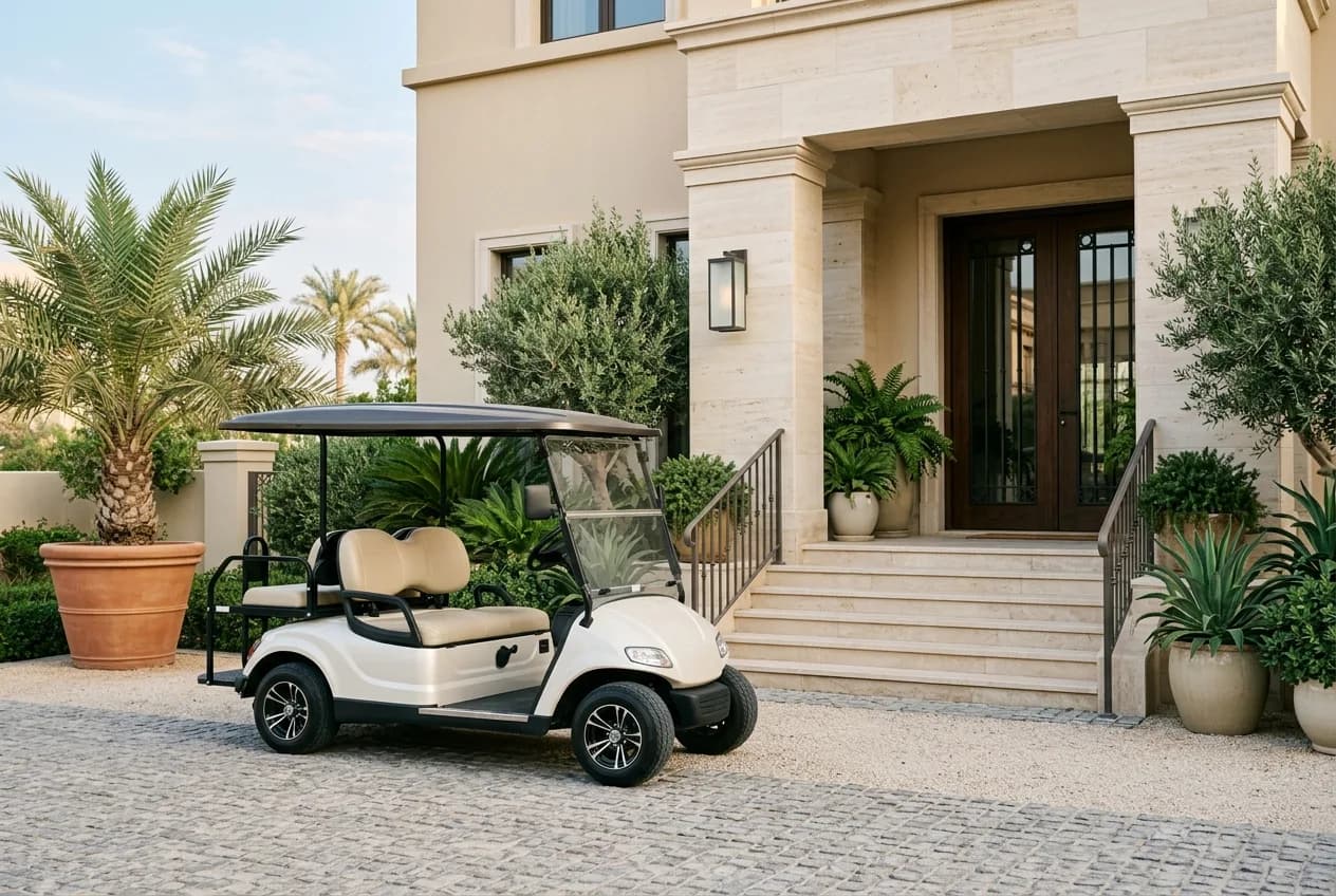 A new electric golf buggy parked beside a Dubai villa entrance representing a monthly-payment lifestyle purchase