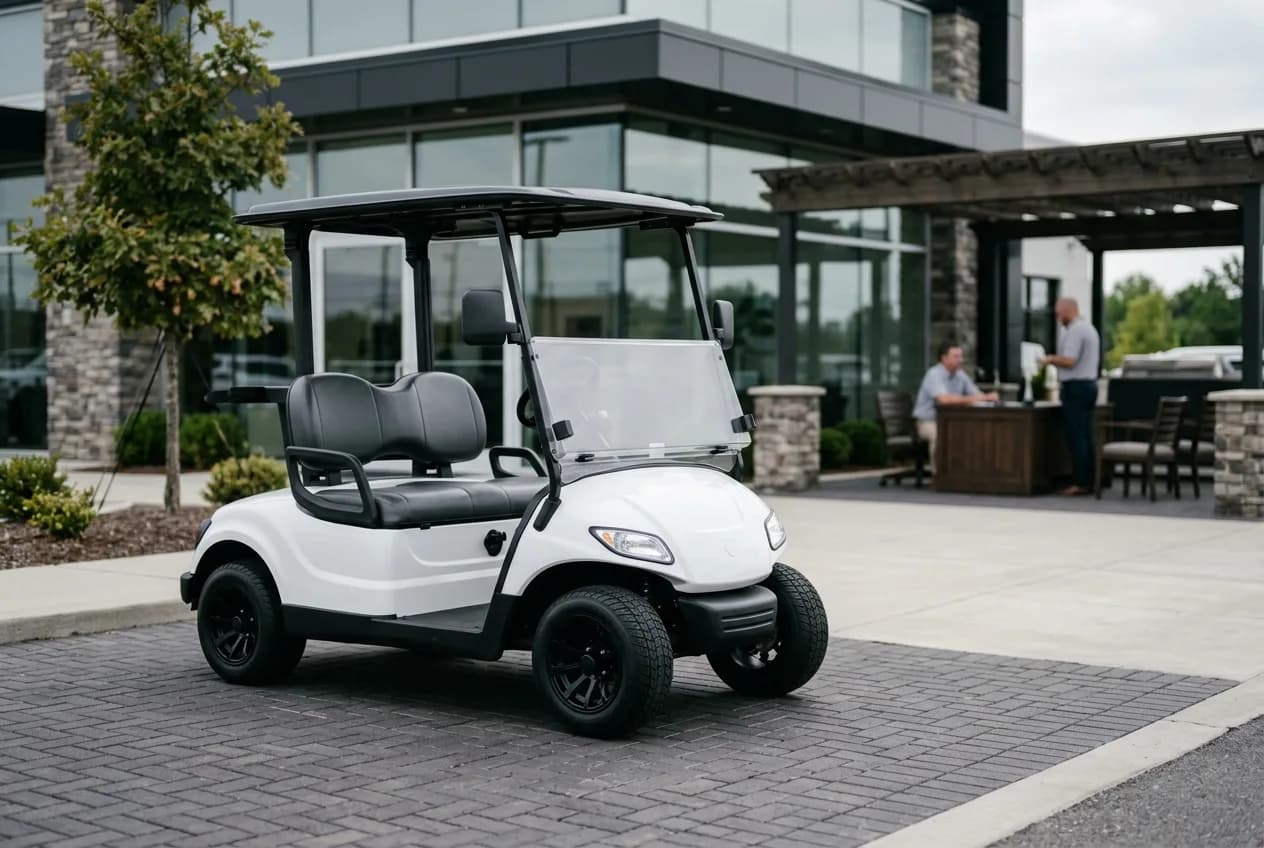 A modern electric golf cart on a dealership lot with a salesperson and customer reviewing paperwork nearby