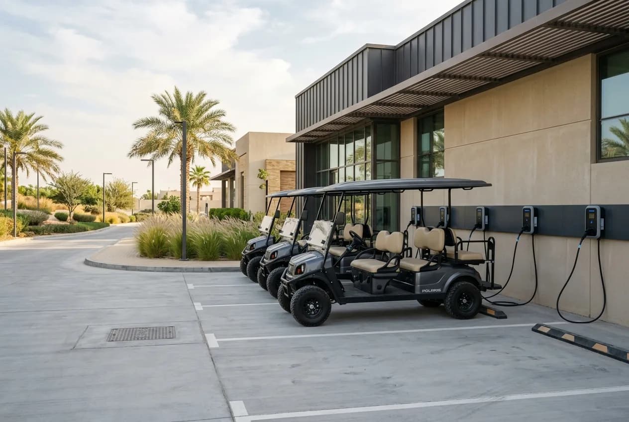 A neat row of electric buggies on charge at a UAE operator depot with charging points under soft daylight