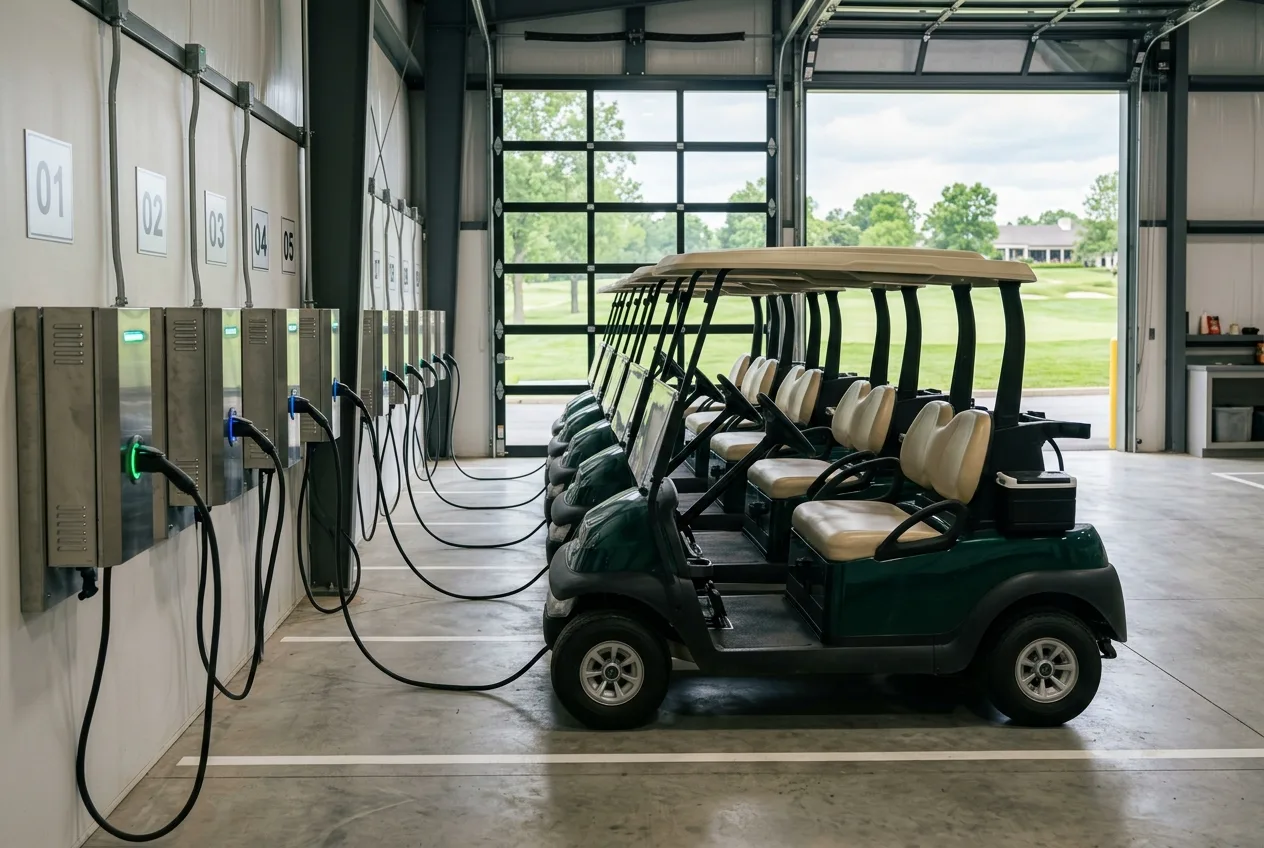 A row of golf carts parked and charging in a clean organized fleet charging bay in soft daylight