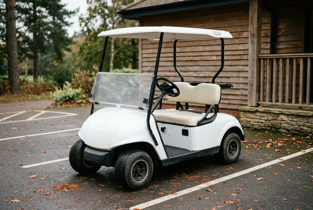 An electric golf cart parked beside a lakeside cottage with a boathouse in the background