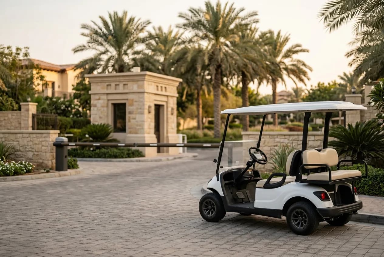 A modern electric golf buggy parked beside a UAE community management office with palms and villas