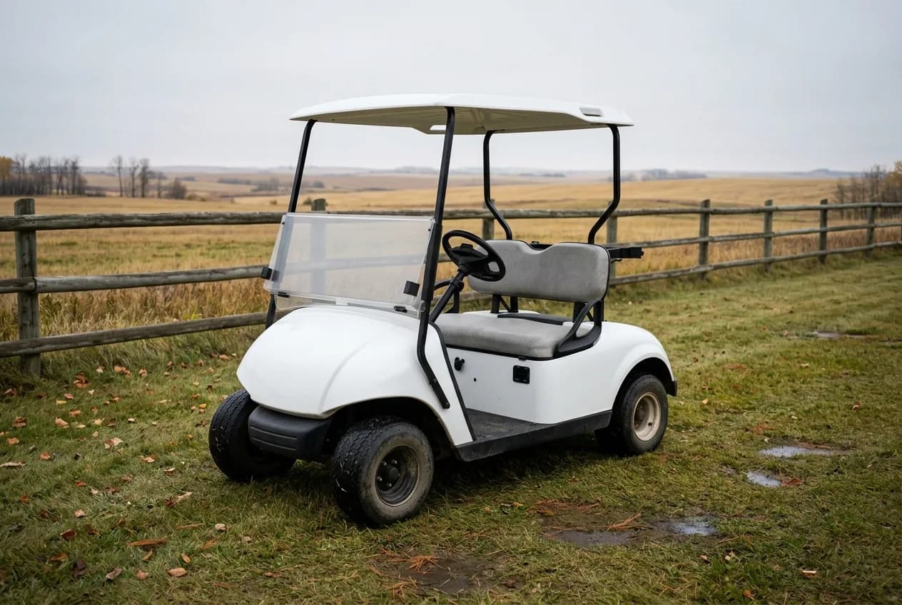 An electric golf cart on a quiet prairie town street under a wide summer sky