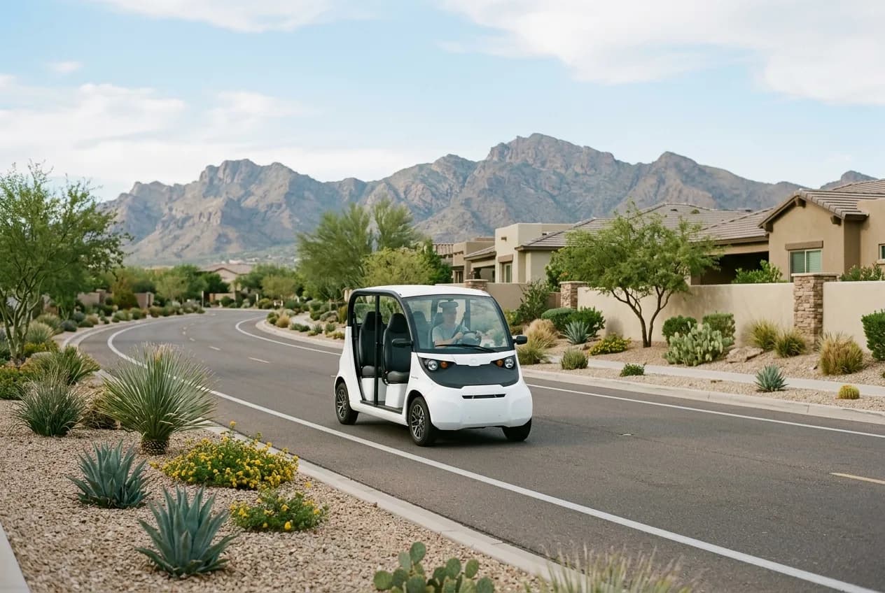 A street-legal low-speed vehicle on a quiet Arizona desert community road with mountains and palms in the background