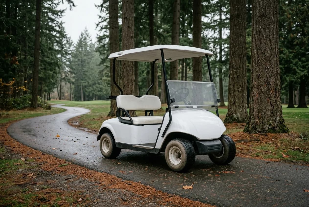 An electric golf cart on a quiet resort community street with mountains in the distance