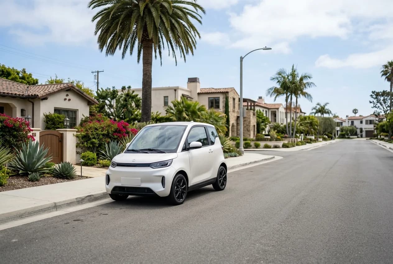 A neighborhood electric vehicle on a clean street in a California coastal town in soft daylight