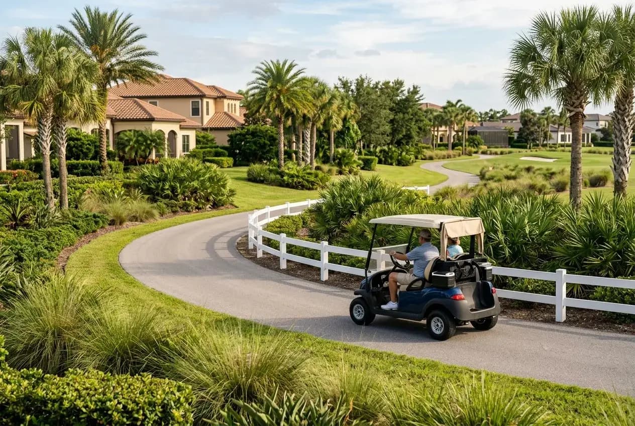 A clean electric golf cart on a palm-lined street in a sunny Florida community in soft daylight