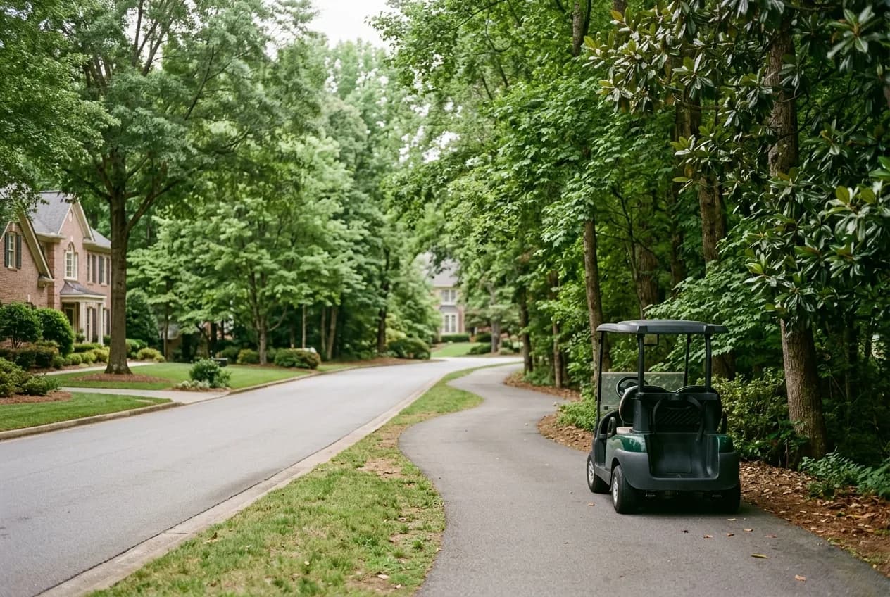 A personal transportation vehicle on a tree-lined Georgia suburban street with a dedicated cart path alongside