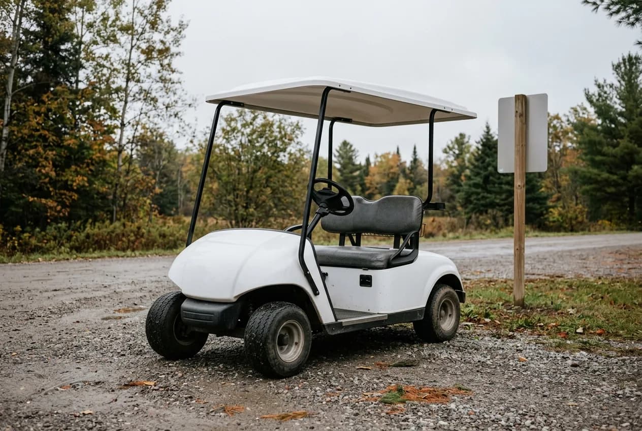 A modern electric golf cart parked on a quiet tree-lined lakeside lane in summer