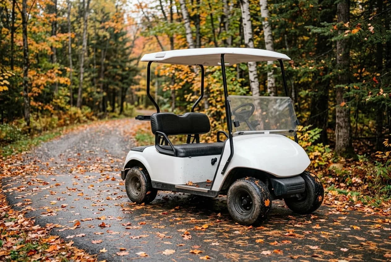 An electric golf cart on a private resort path in autumn with maple trees in full colour