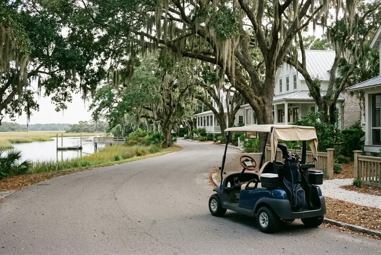 A golf cart parked beside a coastal South Carolina town street with low-country oaks and a calm waterway behind