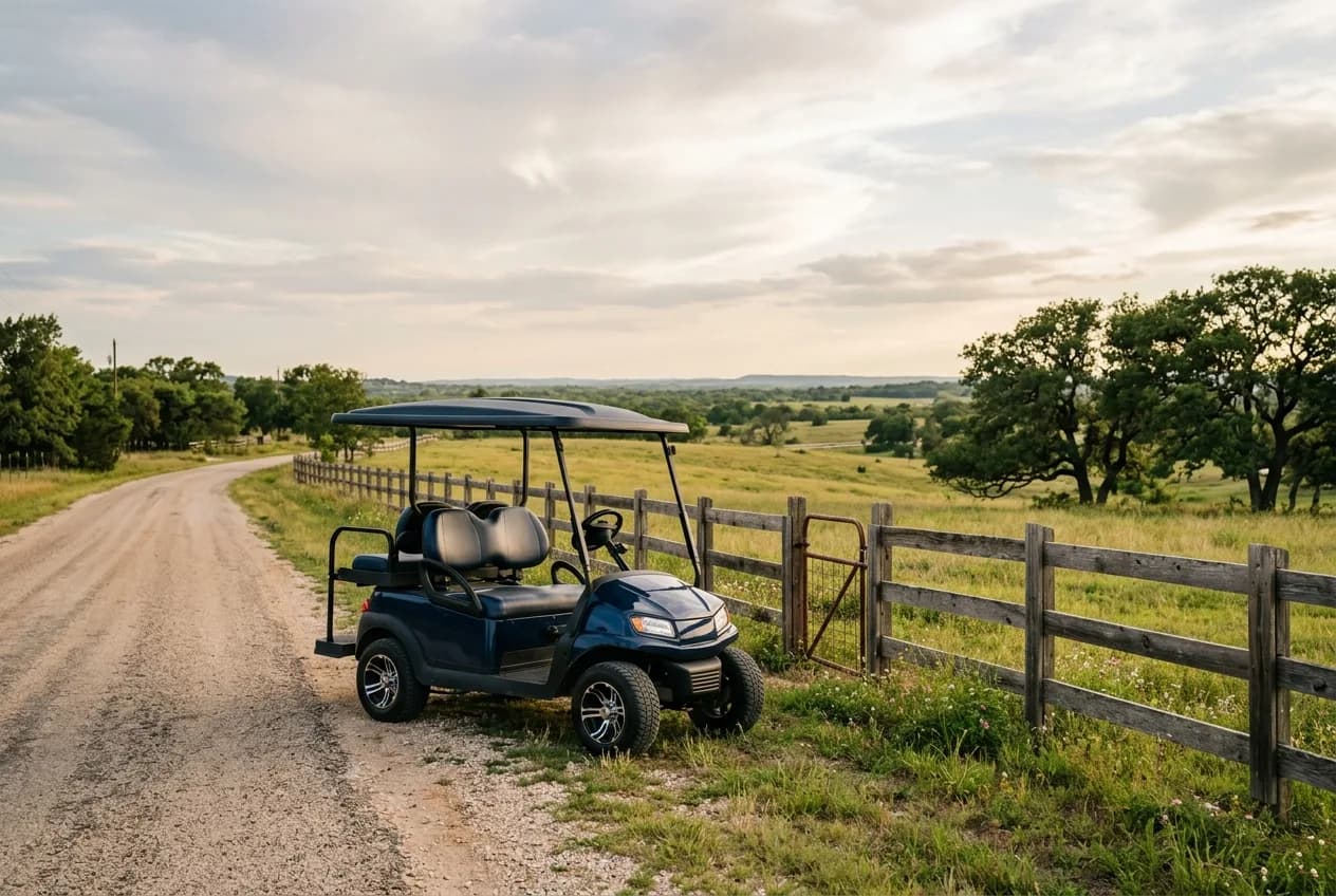 A clean electric golf cart on a quiet Texas ranch road in warm soft daylight