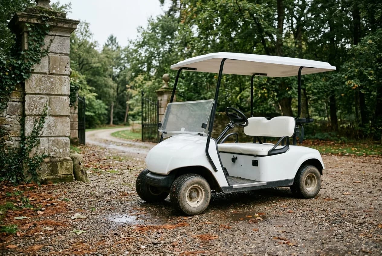 A driver's hands on the wheel of an electric golf cart on a quiet residential street