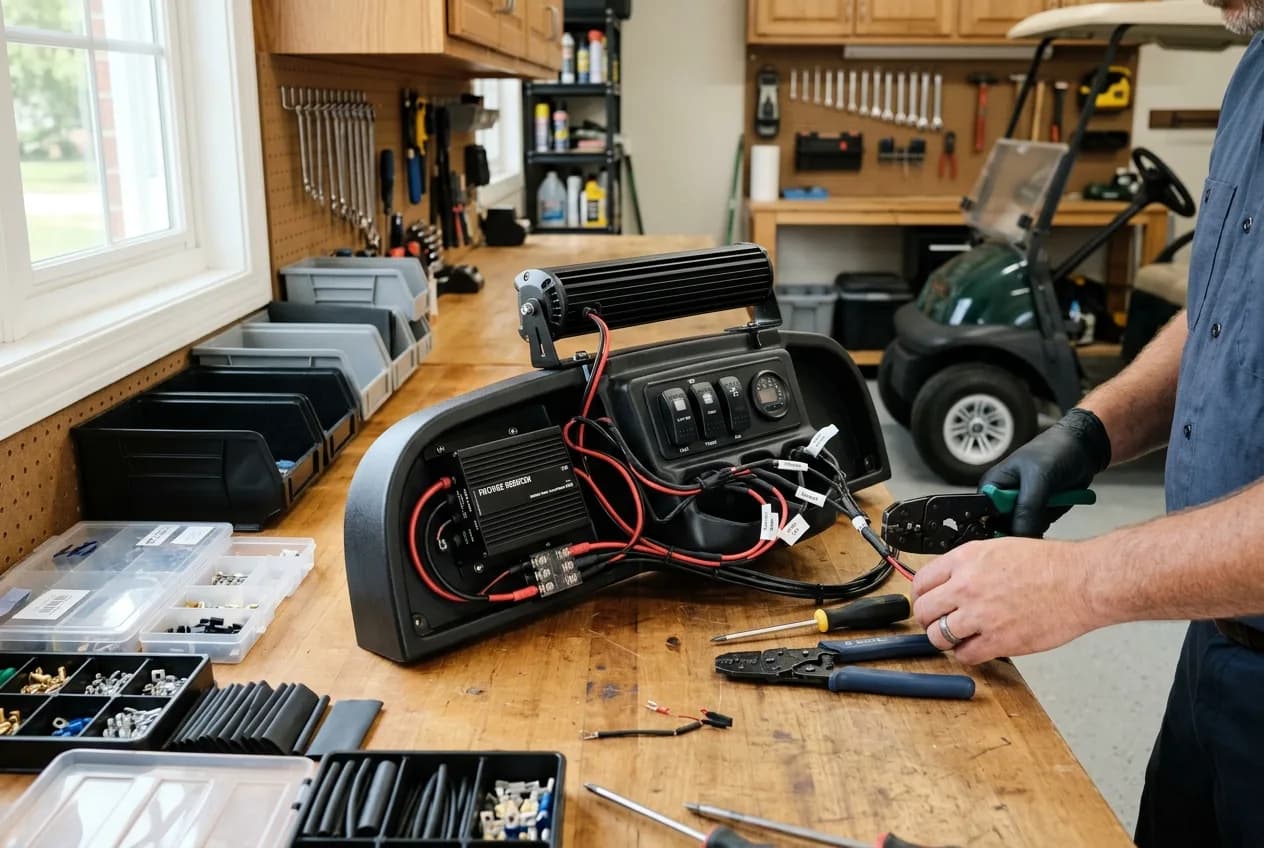 A neatly wired golf cart dashboard and front light bar being installed on a workbench in a clean garage