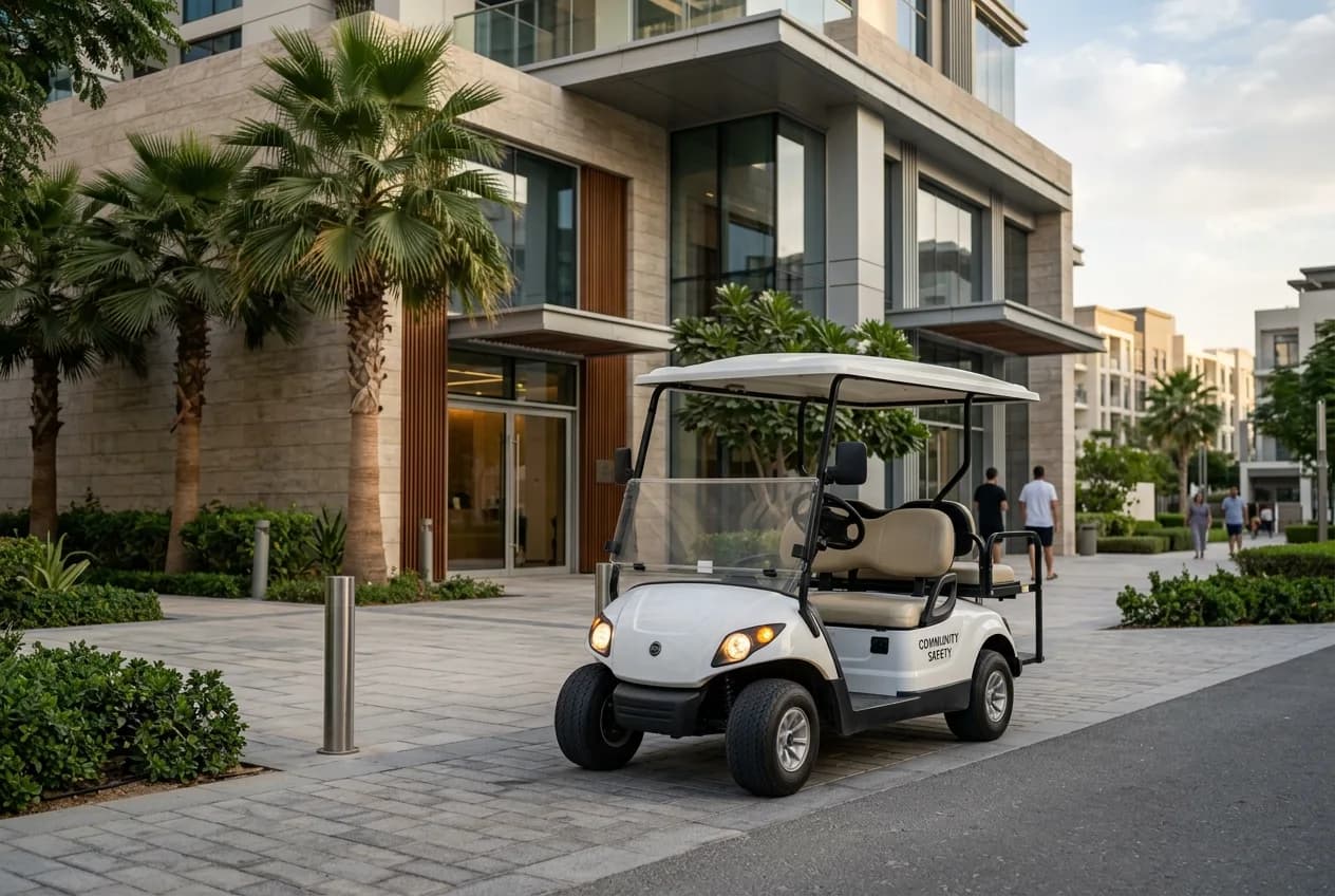 A clean electric golf buggy beside a modern community management office entrance in the UAE
