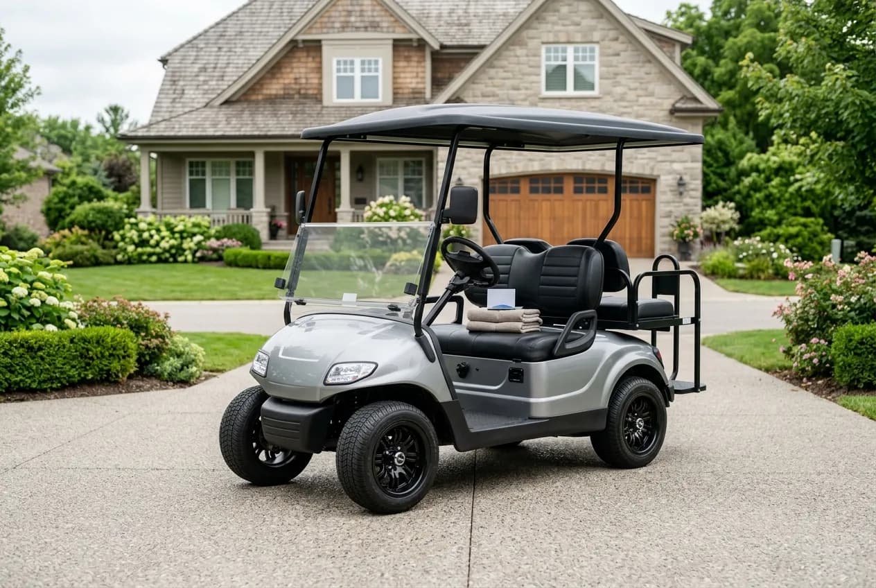 A well-maintained electric golf cart photographed cleanly for resale in soft daylight