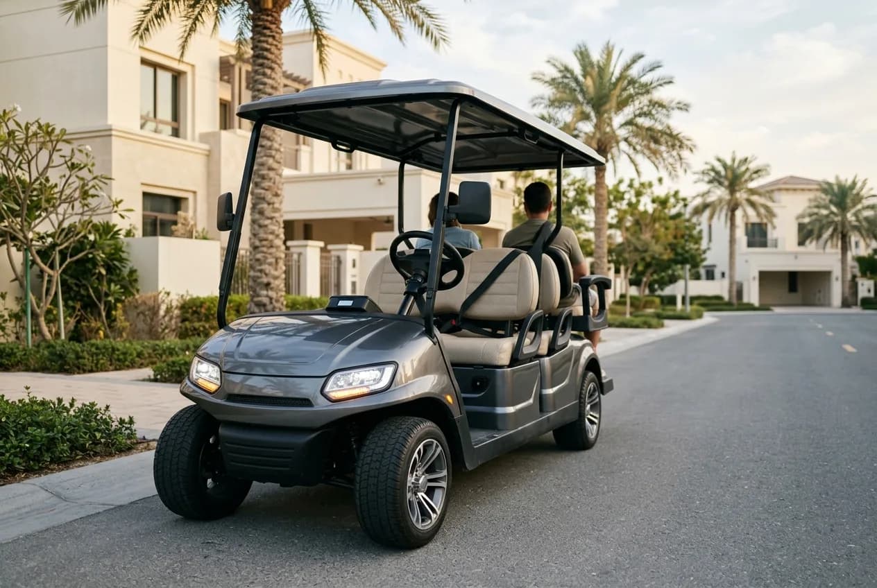 A modern electric golf cart on a quiet community street with contemporary Dubai villas and palms