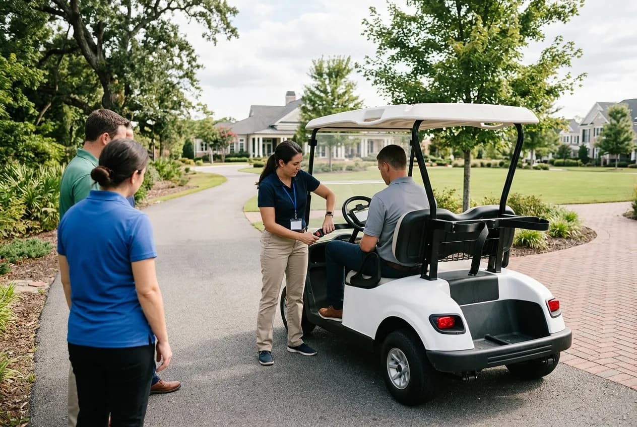 An instructor briefing a small group beside a parked electric golf cart on a paved path in soft daylight, demonstrating safe seating