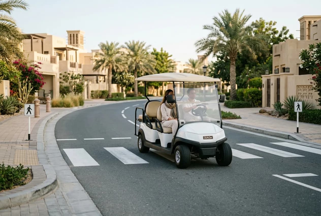 An electric buggy driving slowly past a pedestrian crossing on a quiet UAE gated community lane under soft daylight