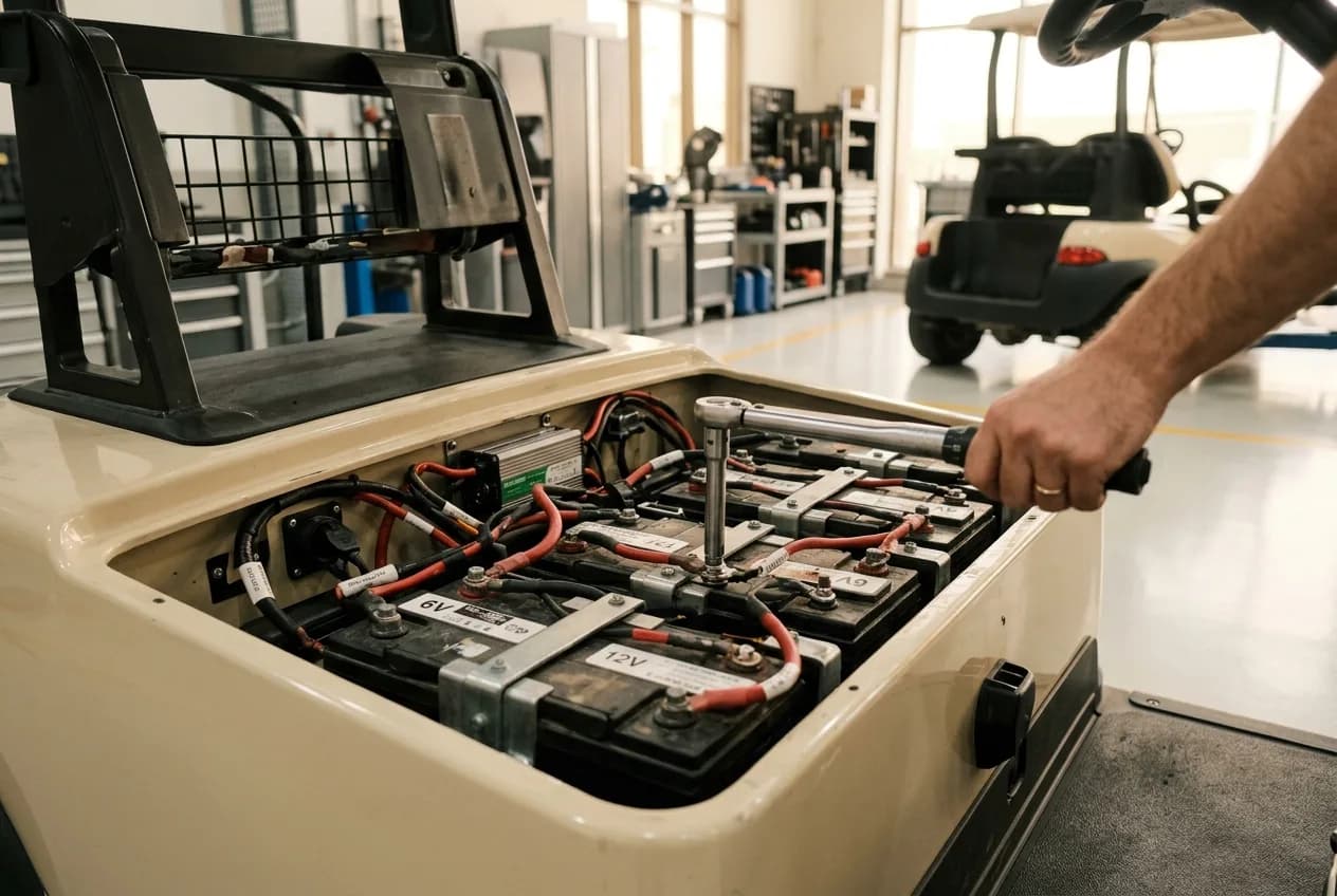 A technician servicing an electric golf buggy in a clean, well-lit workshop with the battery compartment open