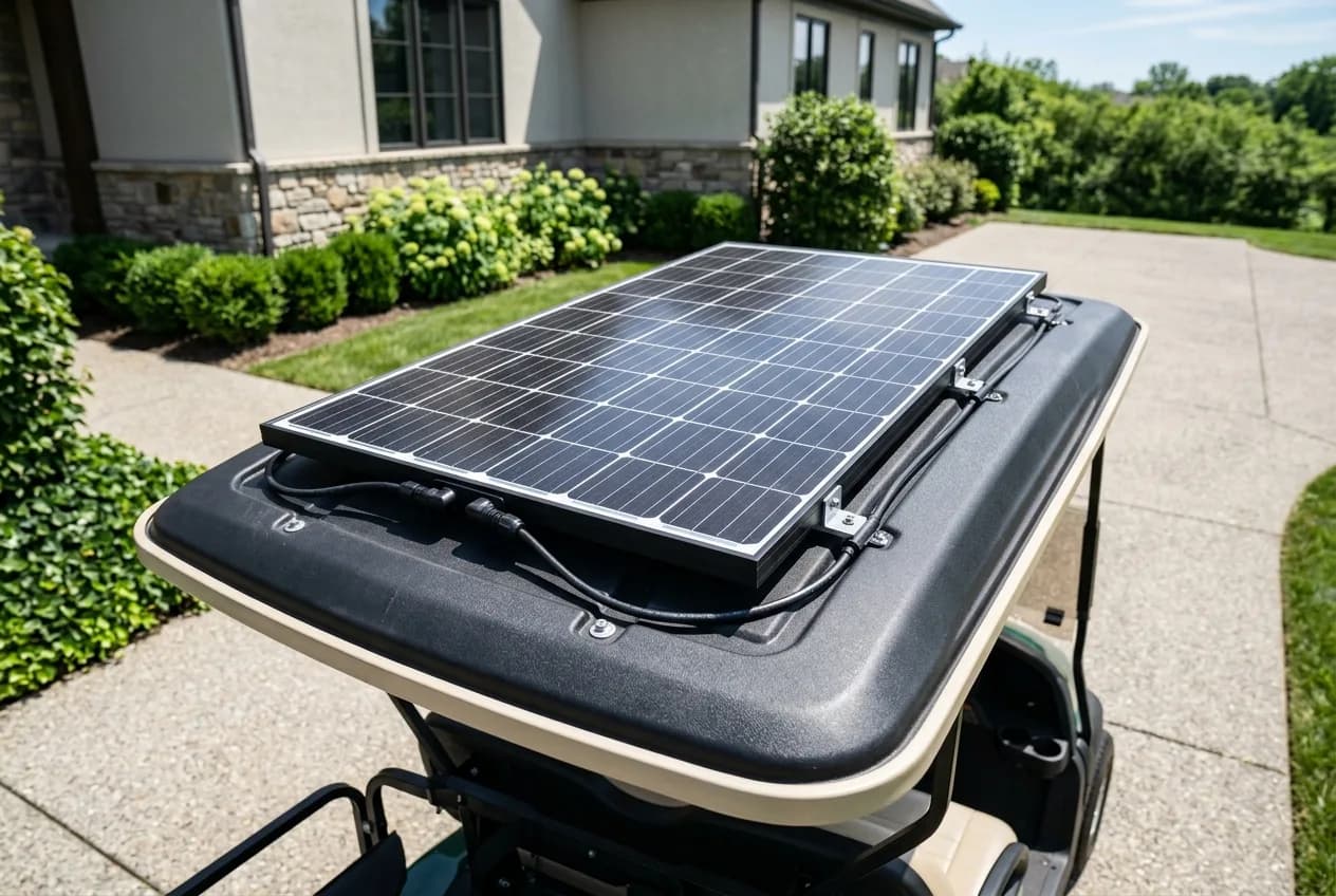 A golf cart with a roof-mounted solar panel parked in bright sunshine on a residential driveway