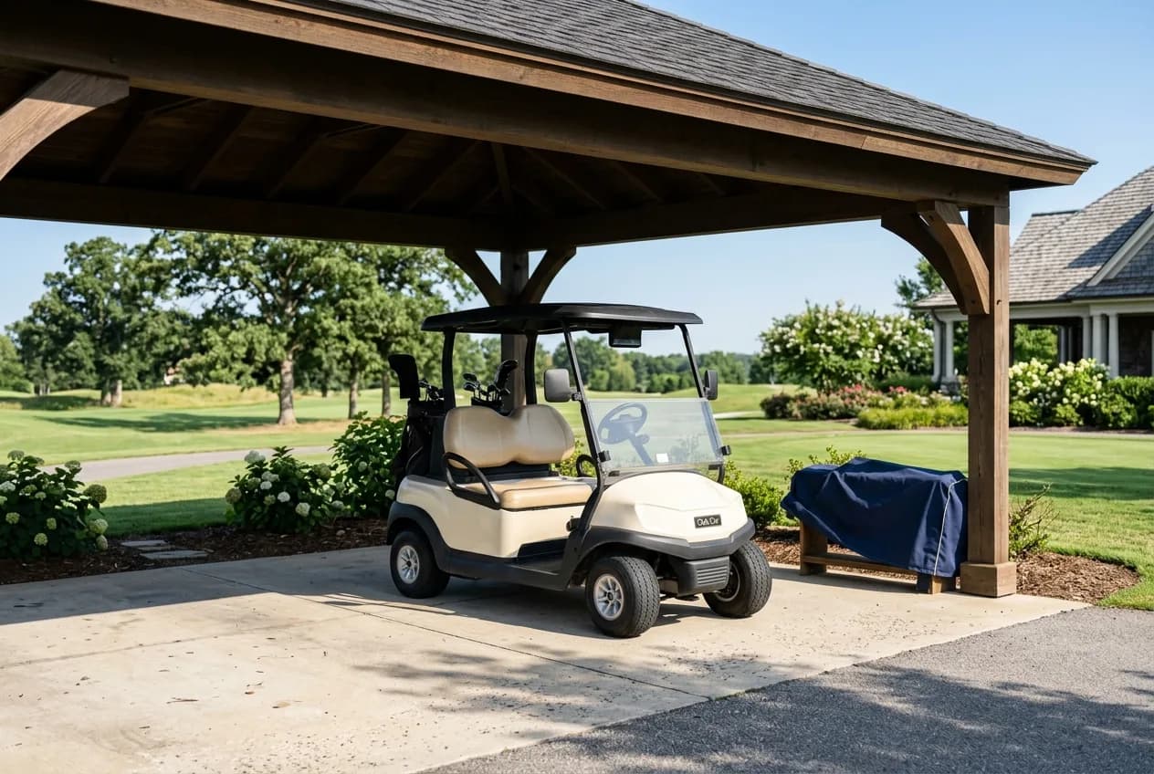 A golf cart parked in the shade of a carport during bright summer daylight with a clear sky behind