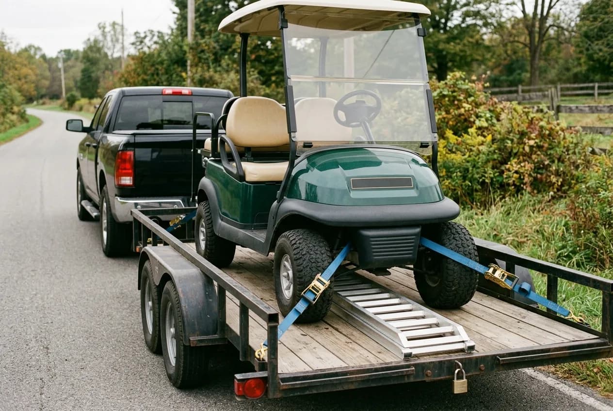 An electric golf cart loaded and strapped down on an open trailer behind a pickup truck on a clear day, ramps stowed