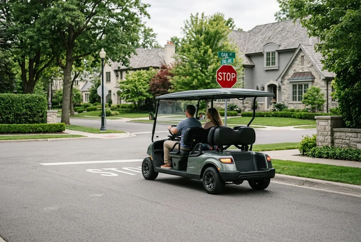A street-legal low-speed vehicle with lights and mirrors parked at a residential intersection in soft daylight