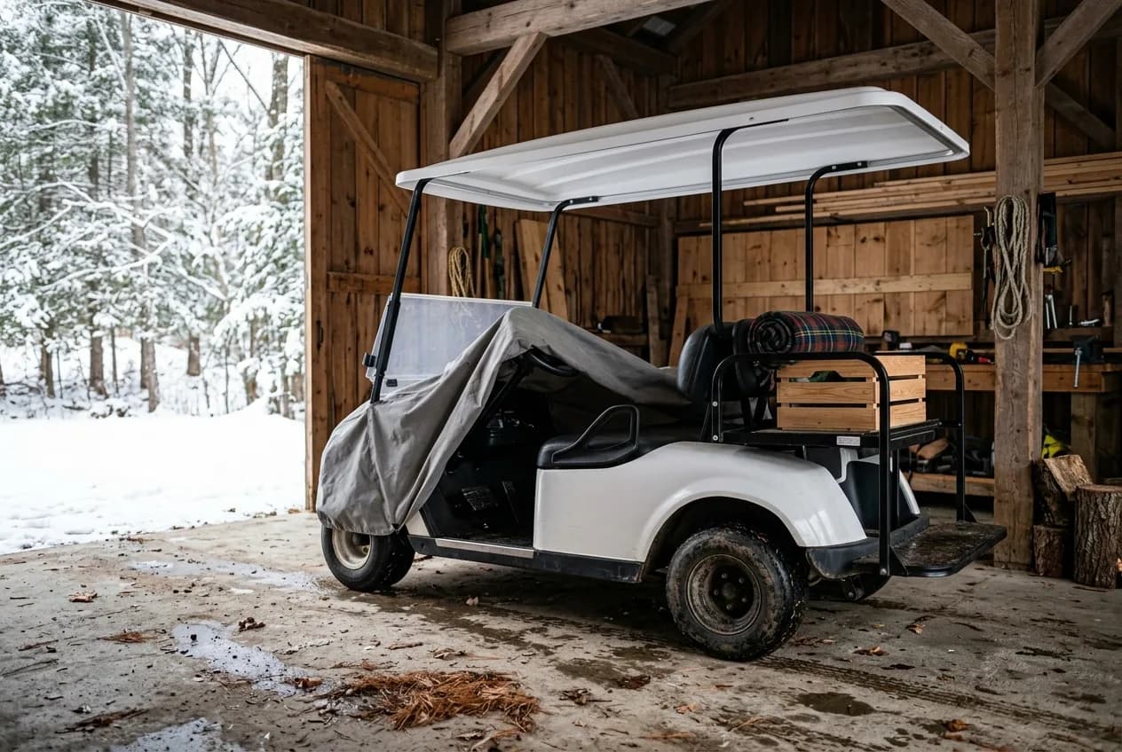 A premium electric golf cart parked in a tidy garage under a fitted breathable cover with snow visible outside the window